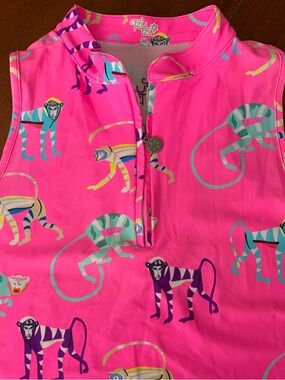 Tzu Tzu Neon Pink Monkey Print Sleeveless Quarter Zip Golf Tank Top